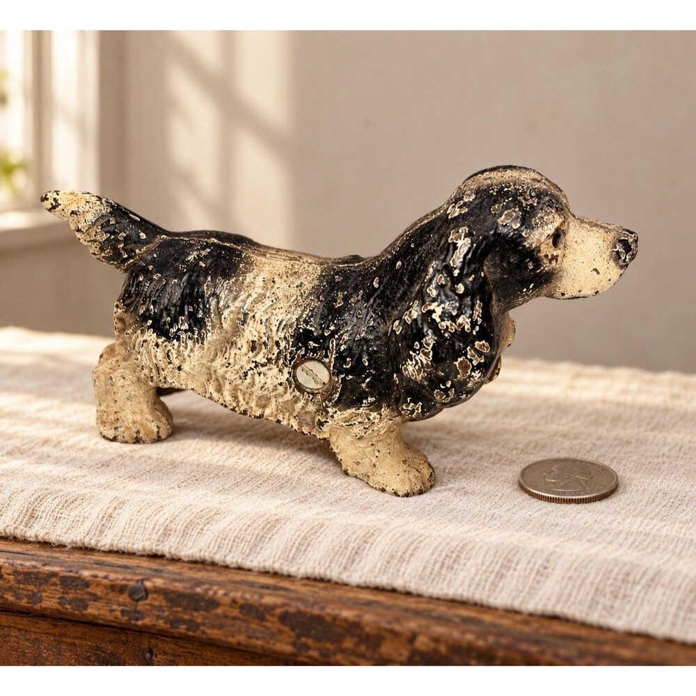 Vintage Cast Metal Spaniel Dog Coin Bank Black & Cream Worn Paint E